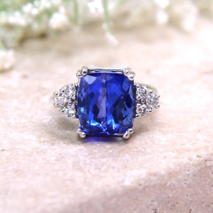 Large Cushion Cut Tanzanite & Diamond Ring in 14k White Gold