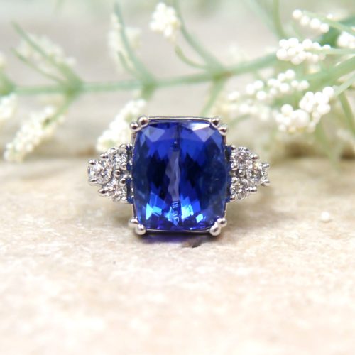 Large Cushion Cut Tanzanite & Diamond Ring in 14k White Gold