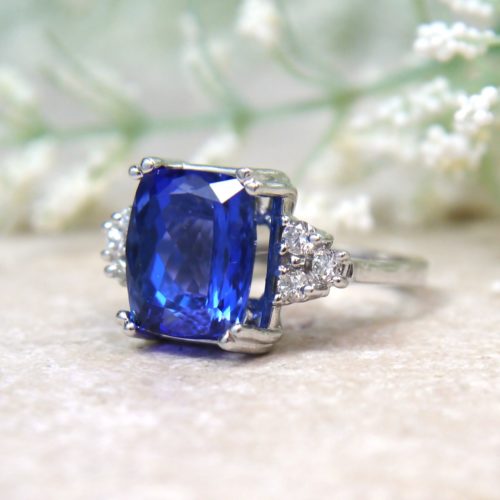 Large Cushion Cut Tanzanite & Diamond Ring in 14k White Gold