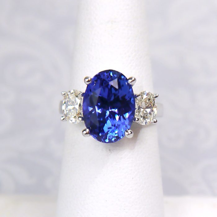 Large Oval Tanzanite and DIamond Three-Stone Ring