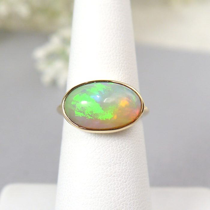 14k Handmade Bezel Ring with Oval Ethiopian Opal Cabochon in Yellow Gold