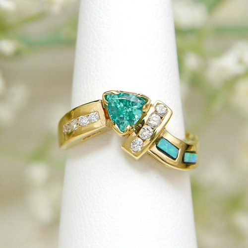 Apatite and Opal with Diamonds Yellow Gold Ring