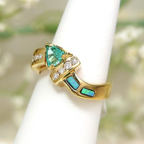 Apatite and Opal with Diamonds Yellow Gold Ring