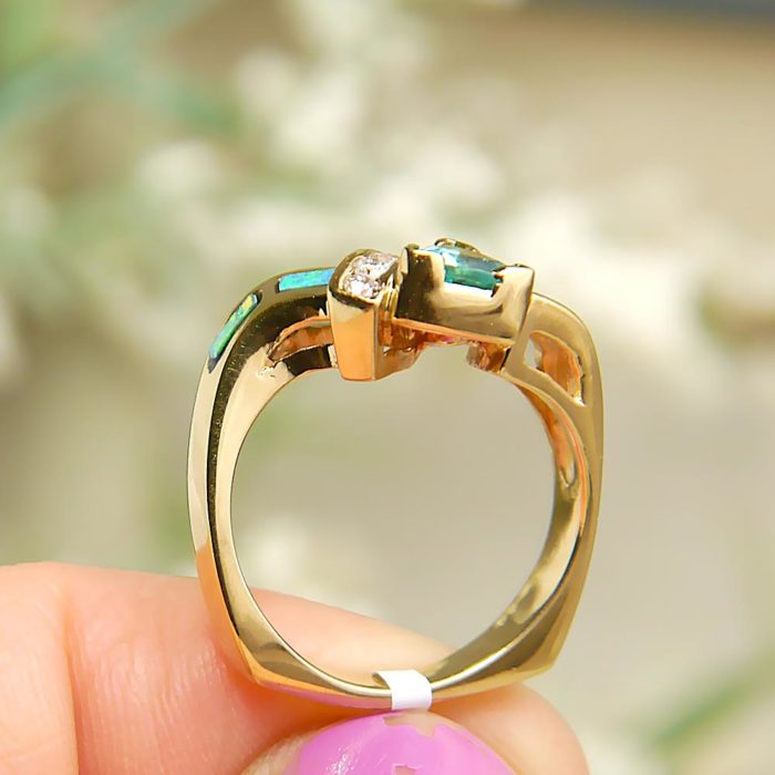 Apatite and Opal with Diamonds Yellow Gold Ring