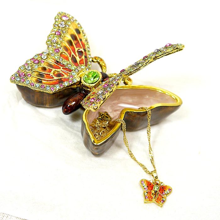 Enameled Butterfly Trinket Box with matching Necklace