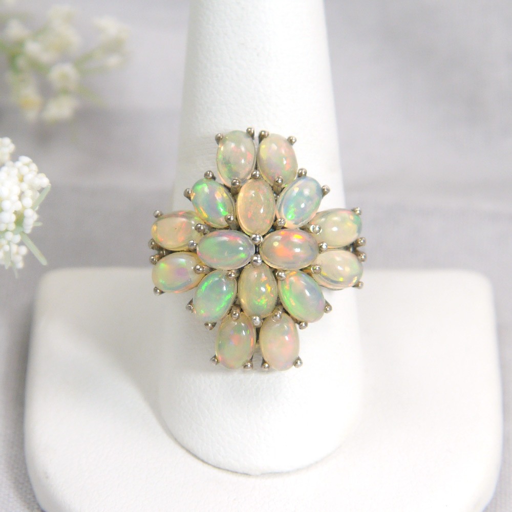Oval Opal Gemstone Cluster Ring in Sterling Silver