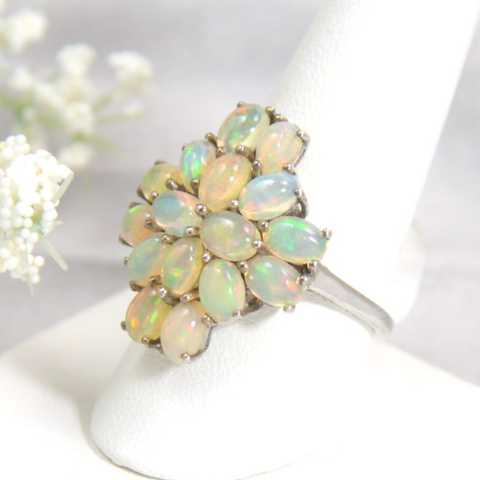 Oval Opal Gemstone Cluster Ring in Sterling Silver