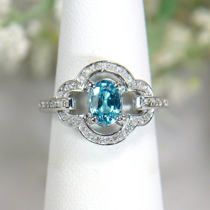 14k Oval Blue Zircon and Diamond Ring in White Gold