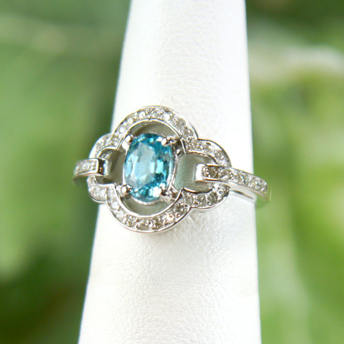 14k Oval Blue Zircon and Diamond Ring in White Gold - Image 3