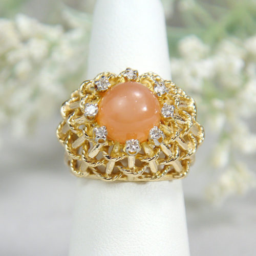 14k Natural Peach Cabochon Moonstone and Diamond Woven Ring