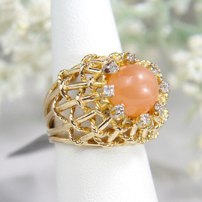 14k Natural Peach Cabochon Moonstone and Diamond Woven Ring