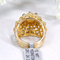 14k Natural Peach Cabochon Moonstone and Diamond Woven Ring