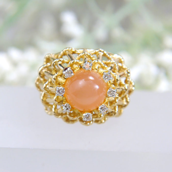 14k Natural Peach Cabochon Moonstone and Diamond Woven Ring