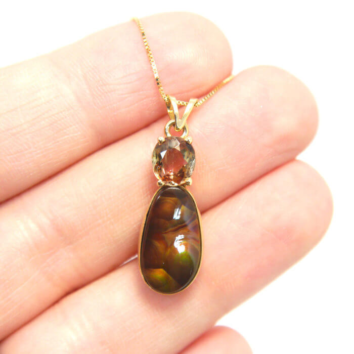 Custom Fire Agate and Andalusite Pendant Handmade in 14k Yellow Gold - Image 4