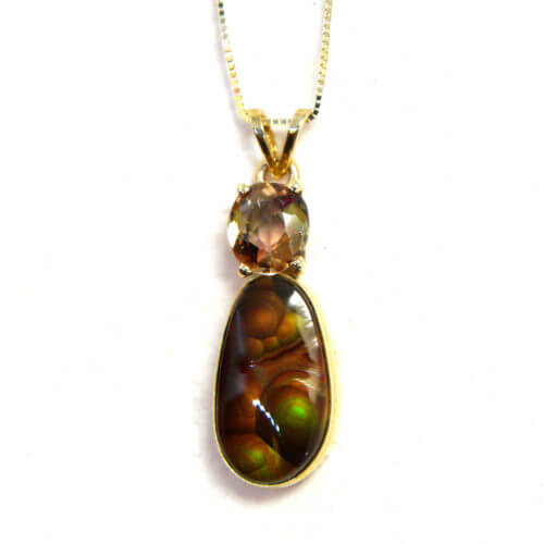 Custom Fire Agate and Andalusite Pendant Handmade in 14k Yellow Gold