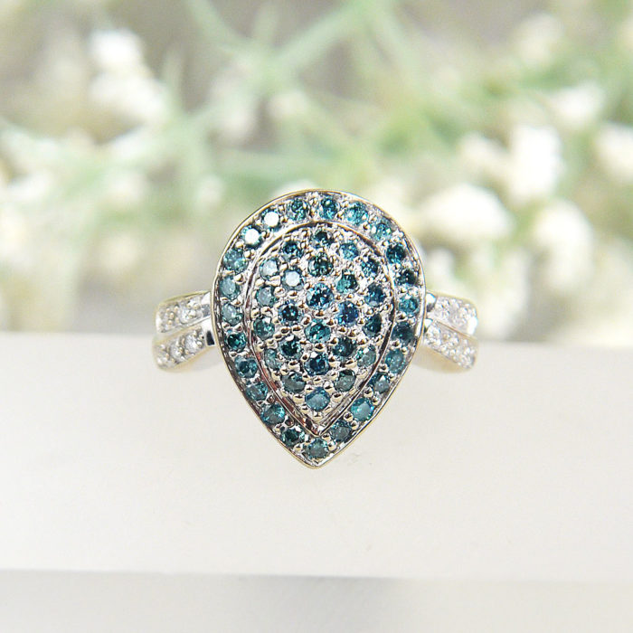 14k Blue Cluster and White Diamond Ring in White Gold