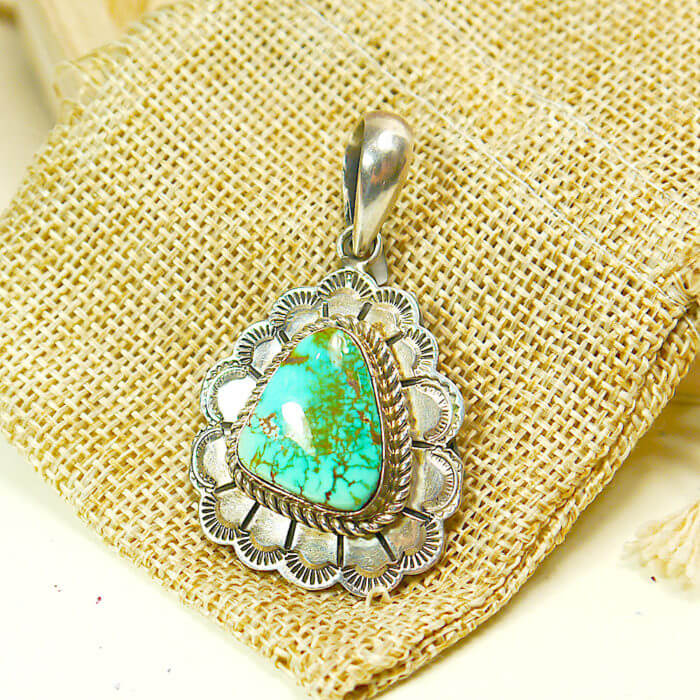 Lee Bennett Signed Turquoise Pendant with Stamped Scalloped Details