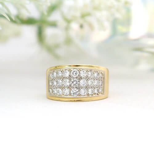 Wide 3 Row Band Pave Diamond Ring in 14k White and Yellow Gold