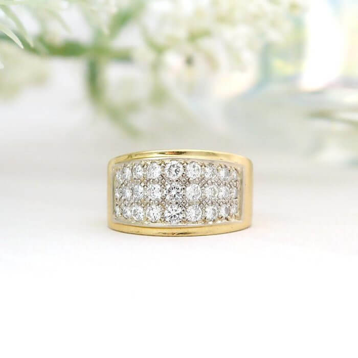 Wide 3 Row Band Pave Diamond Ring in 14k White and Yellow Gold