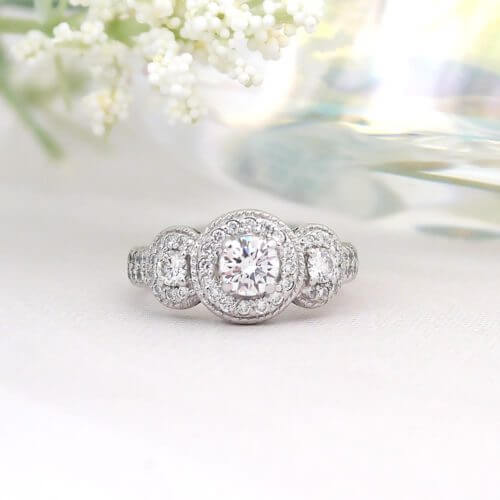 14k 3 stone diamond halo engagement ring