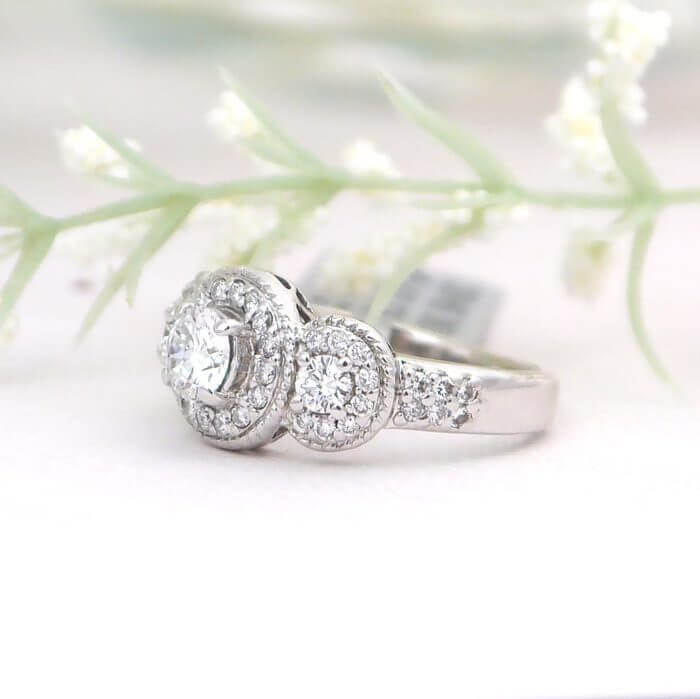 14k 3 stone diamond halo engagement ring