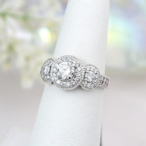 14k 3 stone diamond halo engagement ring
