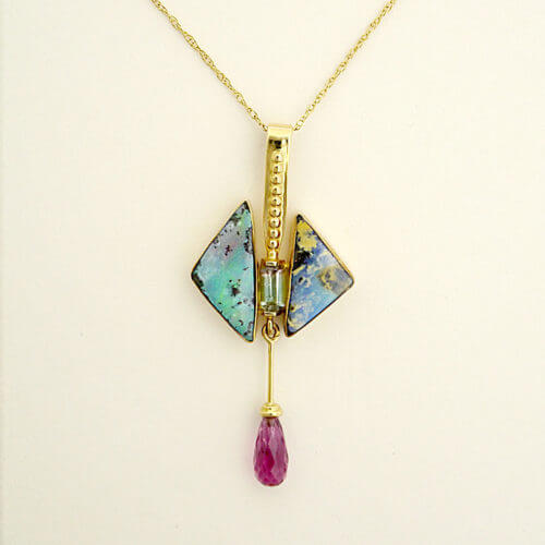 Custom Australian Boulder Opal and Tourmaline Geometric Pendant in 14K