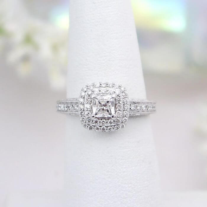 Square Double Diamond Halo Engagement Ring 14k White Gold