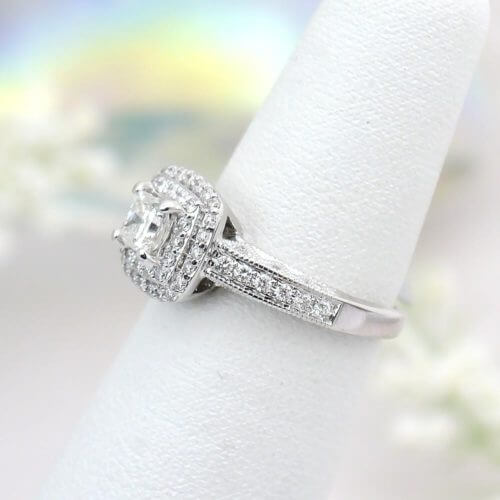 Square Double Diamond Halo Engagement Ring 14k White Gold