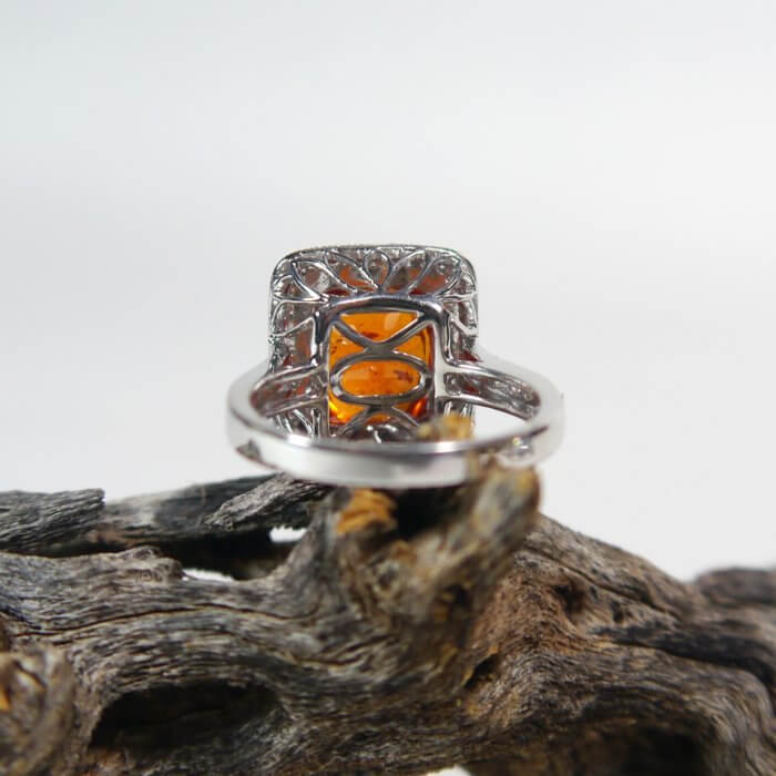 Cushion Cut Spessartite Garnet and Diamond Ring with Double Halo in 14k White Gold