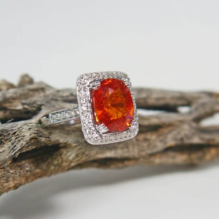 Cushion Cut Spessartite Garnet and Diamond Ring with Double Halo in 14k White Gold