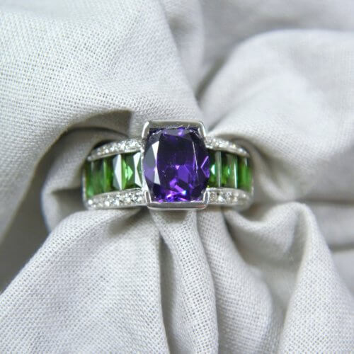 Oval Amethyst, Green Tourmalines and Diamond Wide Band Ring in 14k White Gold