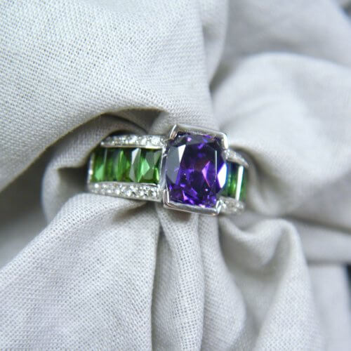 Oval Amethyst, Green Tourmalines and Diamond Wide Band Ring in 14k White Gold