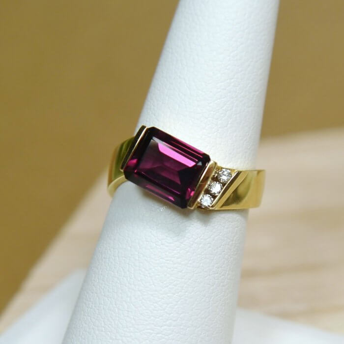 14k Yellow Gold Emerald Cut Rhodolite Garnet and Diamond Ring