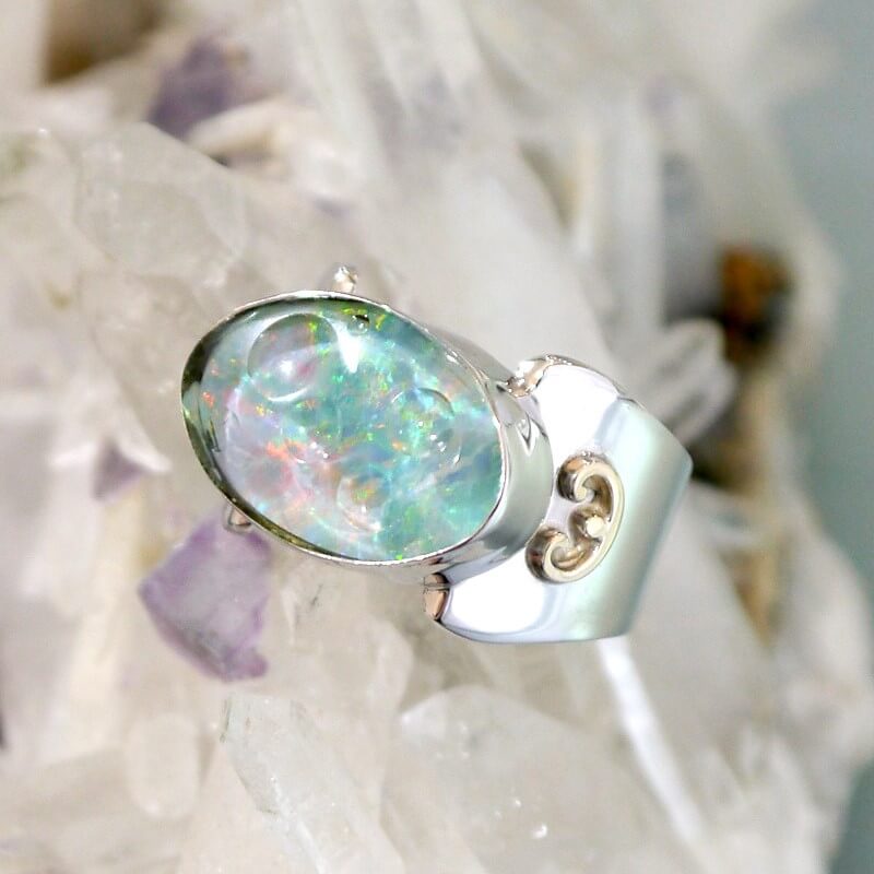 Oval Triplet Opal Wide Band Ring in Sterling Silver and 14k