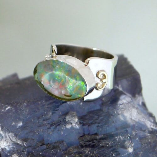 Oval Triplet Opal Wide Band Ring in Sterling Silver and 14k