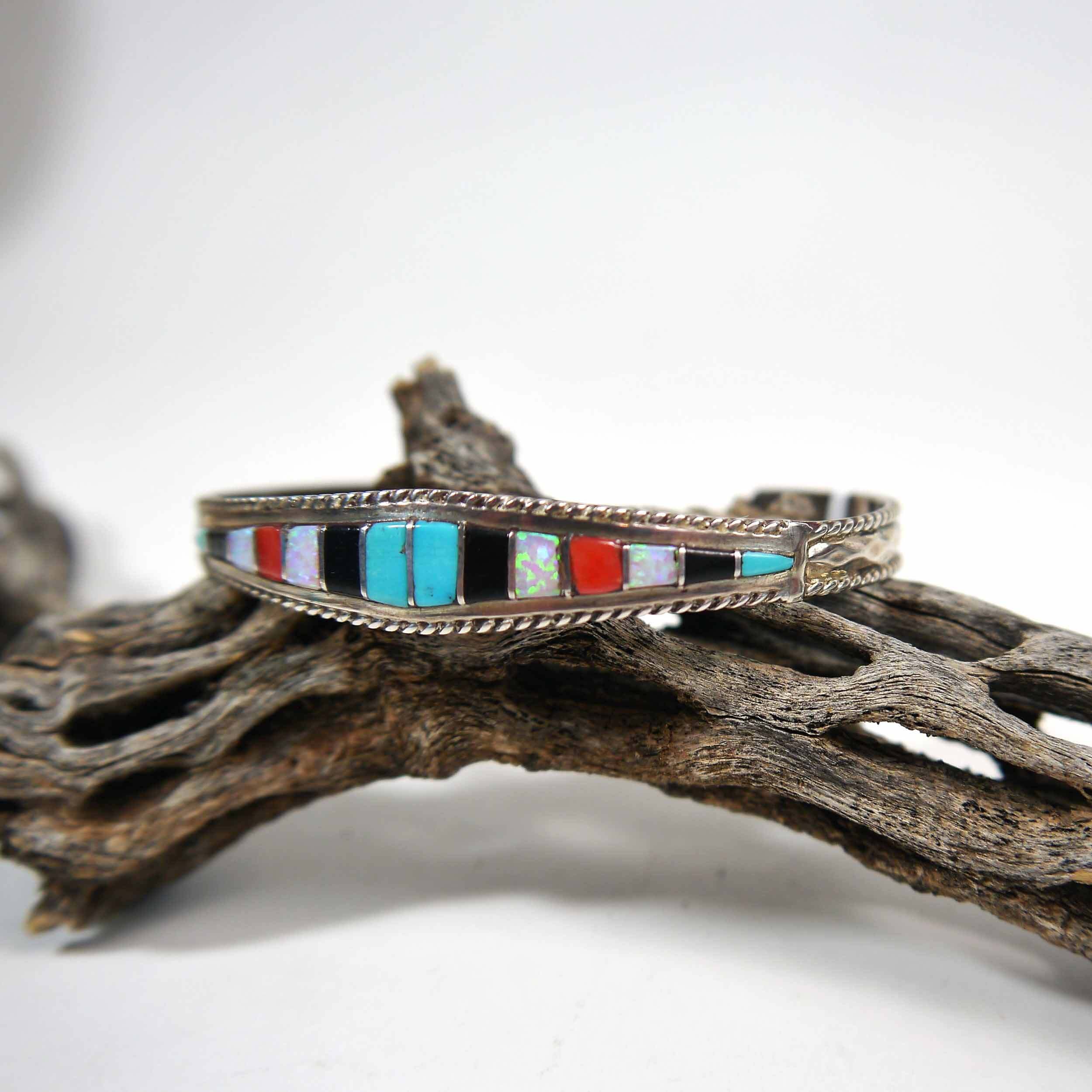 Native Multicolor Inlay Cuff Bracelet in Sterling Silver by Michael Perry