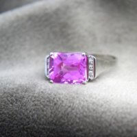 10k White Gold Natural Checkerboard Cut Pink Topaz and Diamond Ring