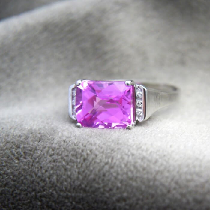 10k White Gold Natural Checkerboard Cut Pink Topaz and Diamond Ring