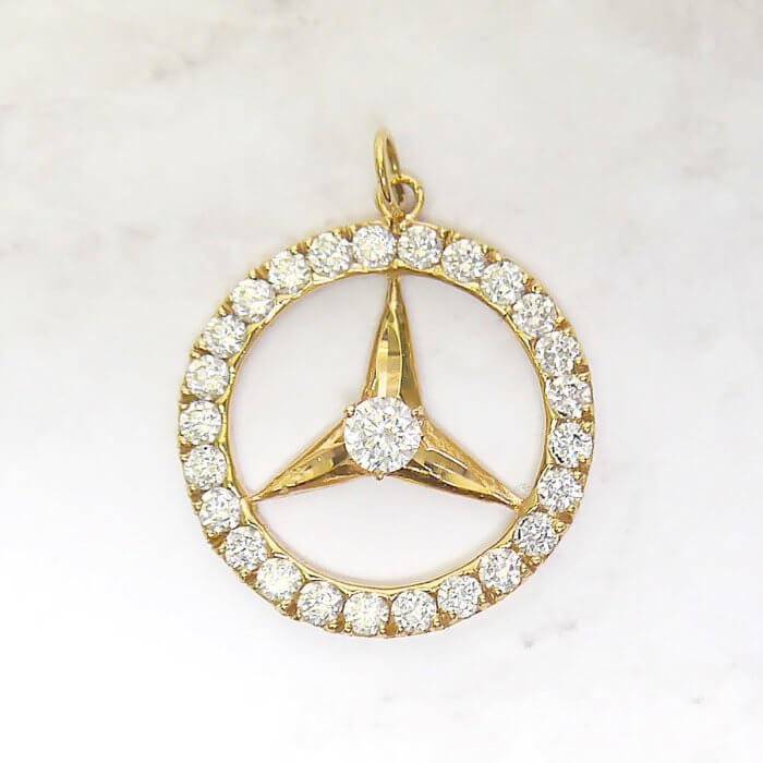 18k Gold Mercedes Logo Pendant Charm with Cubic Zirconia