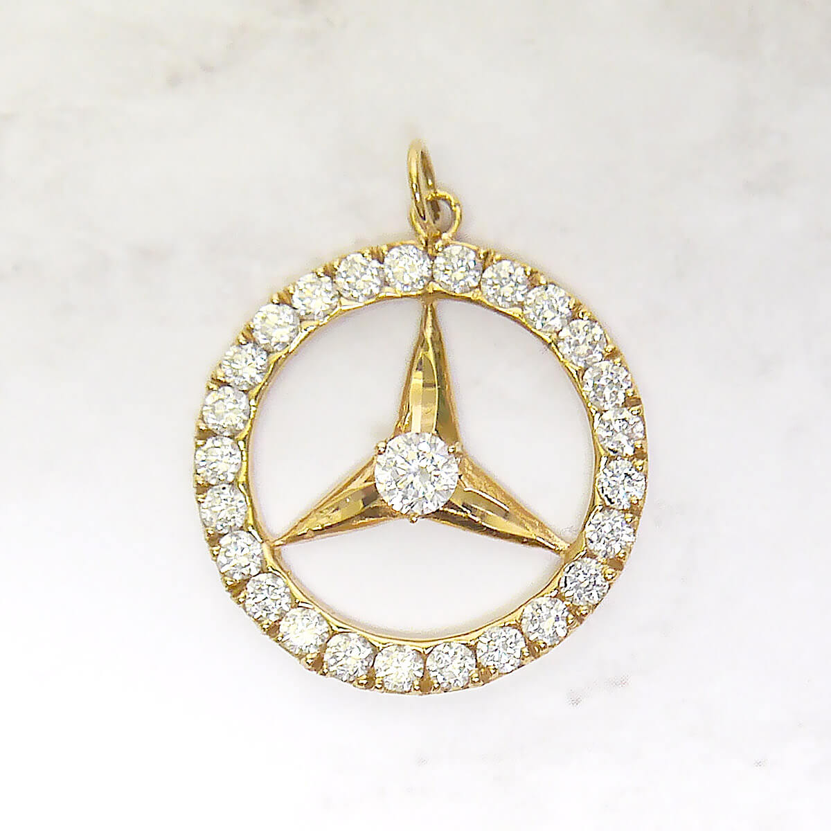 18k Gold Mercedes Logo Pendant Charm with Cubic Zirconia