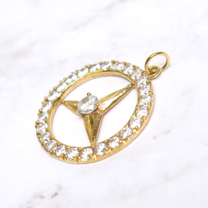 18k Gold Mercedes Logo Pendant Charm with Cubic Zirconia