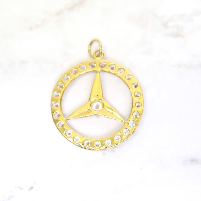 18k Gold Mercedes Logo Pendant Charm with Cubic Zirconia