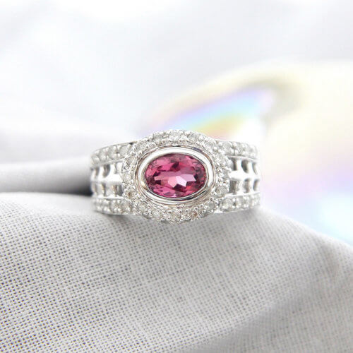 Pink Oval Tourmaline and Diamond Ring in 14k White Gold