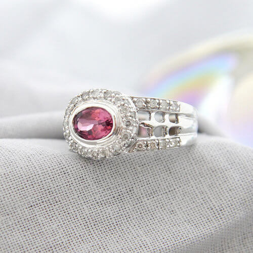 Pink Oval Tourmaline and Diamond Ring in 14k White Gold