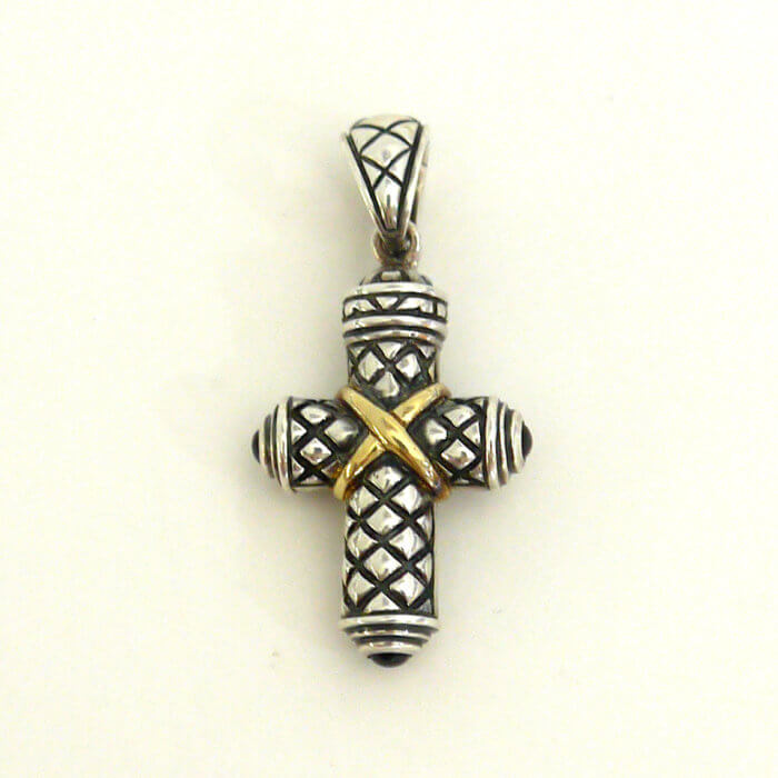 Nancy & David 14k Yellow Gold 925 Silver Quilted Cross Pendant Necklace