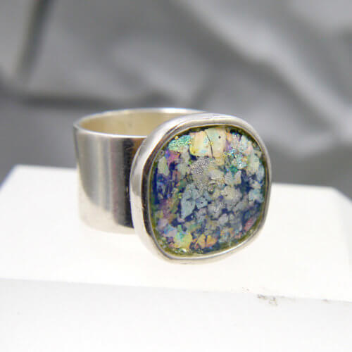 Square Cushion Cut Roman Glass Stone Wide Band Ring in Sterling Silver