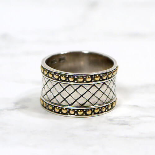 Designer Samuel B. Sterling Silver & 18k Yellow Gold Woven & Beaded Design Wide Band Ring