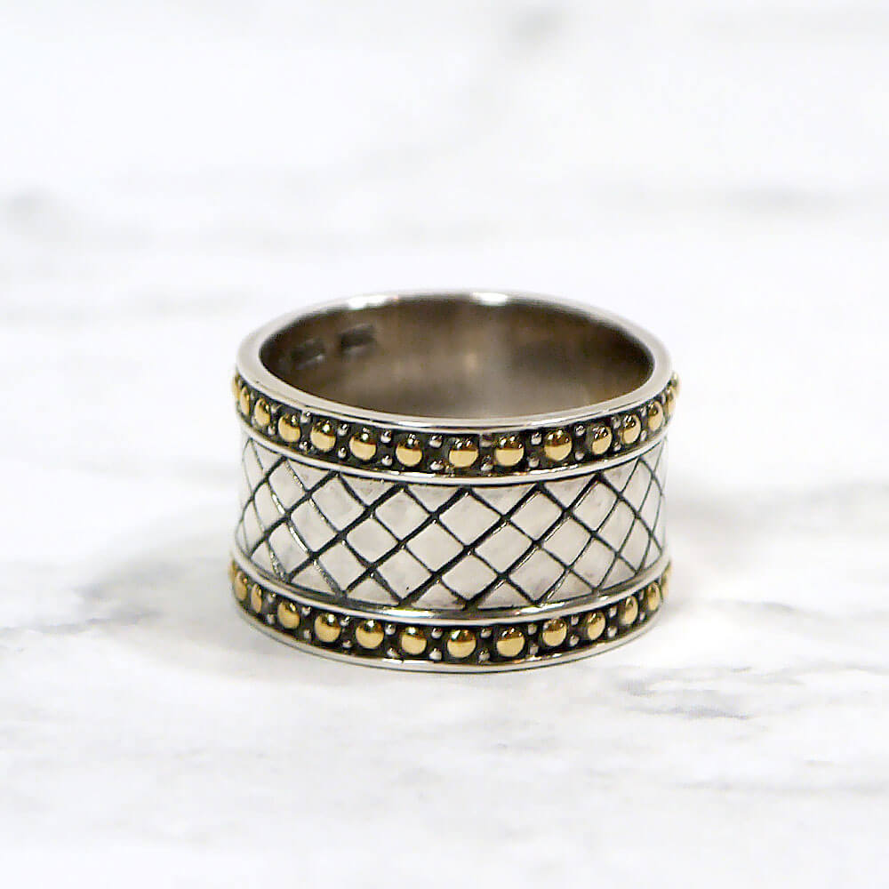Designer Samuel B. Sterling Silver & 18k Yellow Gold Woven & Beaded Design Wide Band Ring