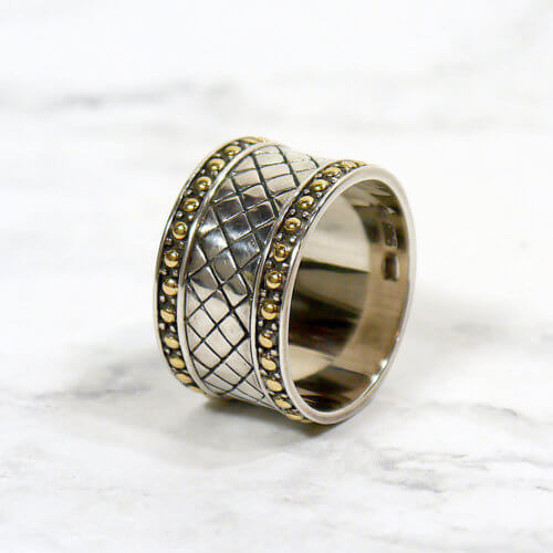 Designer Samuel B. Sterling Silver & 18k Yellow Gold Woven & Beaded Design Wide Band Ring